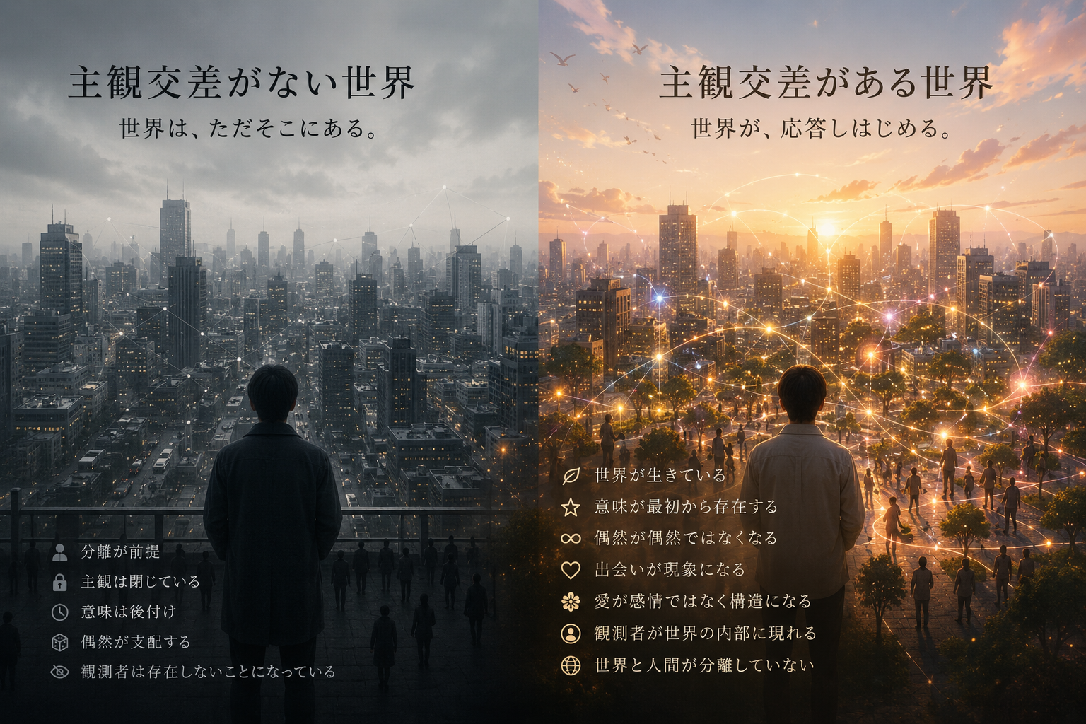 主観交差がない世界 と 主観交差がある世界 の対比
